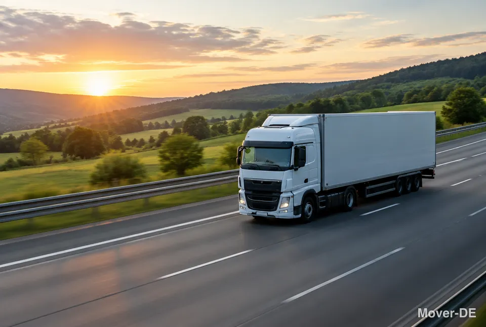 Umzugs-LKW auf der Autobahn bei Sonnenaufgang