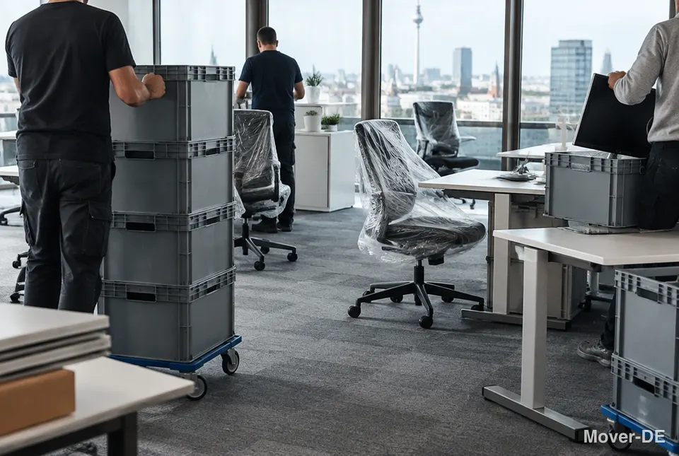 Firmenumzug in einem Büro mit Blick auf Berlin, Umzugskisten auf Rollwagen und verpackte Bürostühle