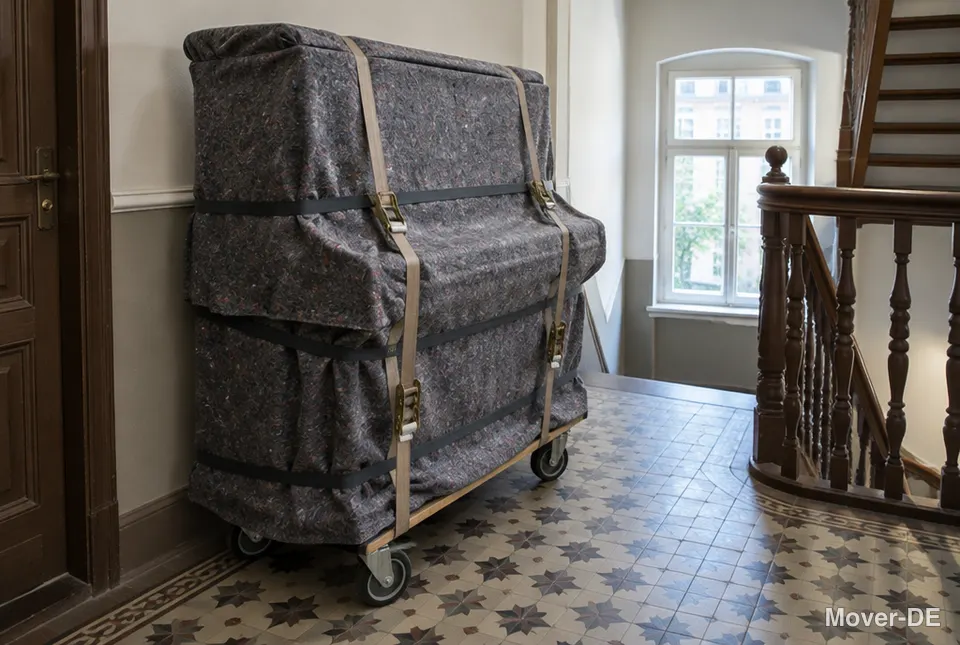 Verpacktes Klavier auf einem Rollbrett im Treppenhaus eines Altbaus mit Fliesenboden