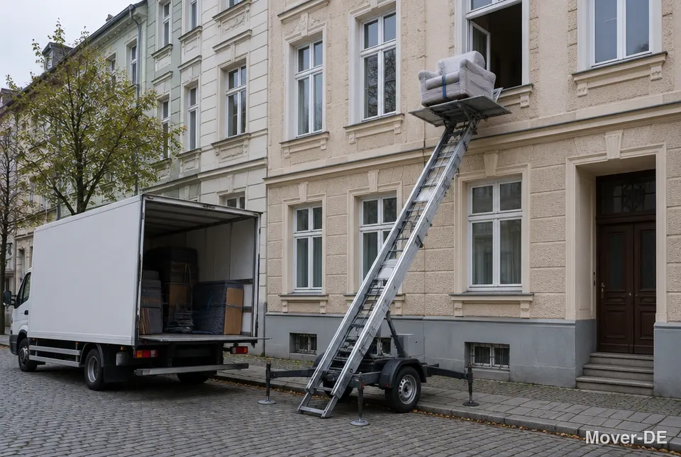 Möbellift an der Fassade eines Altbaus, ein Sessel auf der Plattform, davor ein Umzugswagen