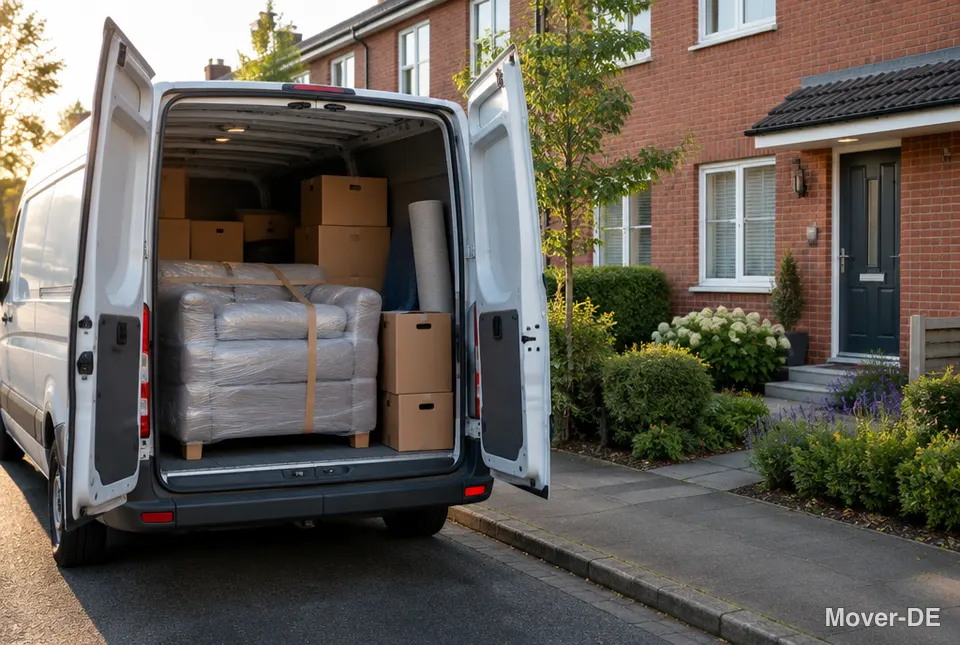 Transporter mit einem verpackten Sofa und Umzugskartons vor einem Reihenhaus aus Backstein